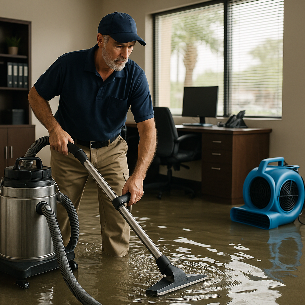 A worker uses a wet vacuum to remove standing water from a flooded office with a desk, computer, and air mover visible.